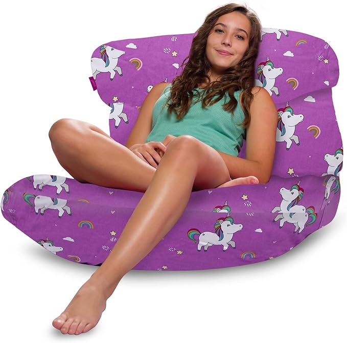 Posh Creations Structured Comfy Bean Bag Chair for Gaming, Reading, and Watching TV, Laguna Lounger, Canvas - Unicorn and Rainbows on Purple, Canvas Rainbow Unicorns - LeafyLoom
