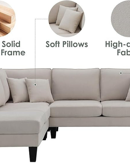 90" Modern L-Shape Sectional Sofa with Chaise Lounge,5-Seat Practical Couch Set W/ 3 Pillows,7''Leg Height,Minimalist Style,Indoor Furniture for Living Room Apartment Office,Beige Terrycloth - LeafyLoom