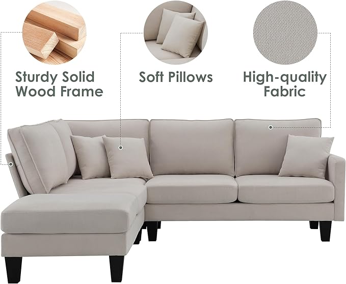 90" Modern L-Shape Sectional Sofa with Chaise Lounge,5-Seat Practical Couch Set W/ 3 Pillows,7''Leg Height,Minimalist Style,Indoor Furniture for Living Room Apartment Office,Beige Terrycloth - LeafyLoom