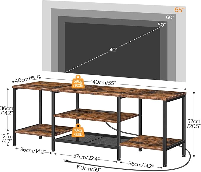 HOOBRO TV Stand with Power Outlets to 65 Inches, TV Console Table with Open Storage Shelves, Industrial Media Entertainment Center for Living Room Bedroom, Rustic Brown and Black BF40DS01 - LeafyLoom