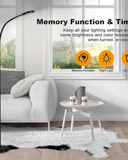 LED Floor Lamp,12W Gooseneck Floor Reading Lamps for Living Room with Remote & Touch Control,Stepless Adjustable Colors & Brightness Modern Dimmable Standing Lamp for Bedroom and Office - LeafyLoom
