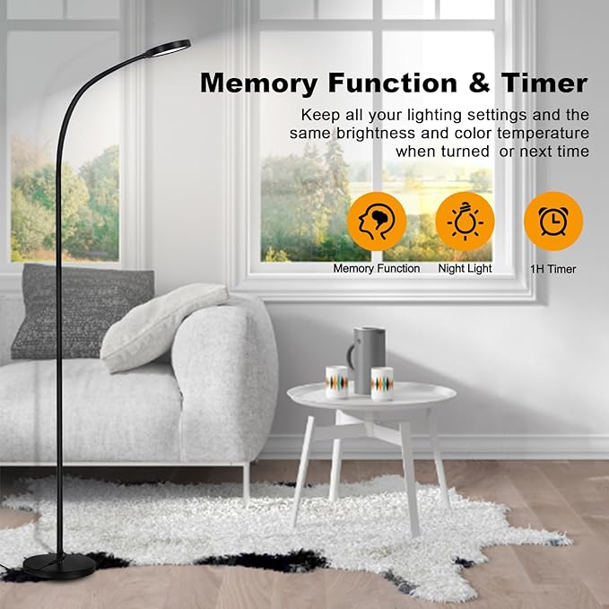 LED Floor Lamp,12W Gooseneck Floor Reading Lamps for Living Room with Remote & Touch Control,Stepless Adjustable Colors & Brightness Modern Dimmable Standing Lamp for Bedroom and Office - LeafyLoom