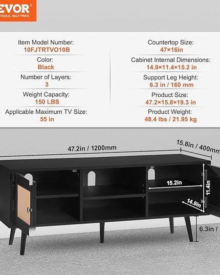 VEVOR Rattan TV Stand, Boho TV Cabinet for 55 inch TV, Mid Century Modern TV Stand, Rattan TV Console with Adjustable Shelfs for Living Room, Media Room, Black - LeafyLoom