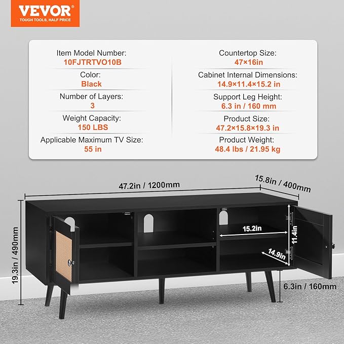 VEVOR Rattan TV Stand, Boho TV Cabinet for 55 inch TV, Mid Century Modern TV Stand, Rattan TV Console with Adjustable Shelfs for Living Room, Media Room, Black - LeafyLoom