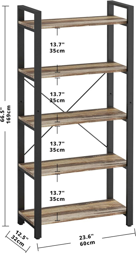 IRONCK Bookshelf 5-Tier Ladder Shelf 110lbs/shelf Vintage Industrial Style Bookcase for Home Decor, Office Decor - LeafyLoom