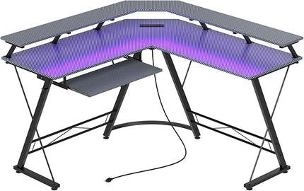 L Shaped Gaming Desk with LED Lights and Power Outlet, Computer Desk with Monitor Stand, Untimate Corner Desk with Hooks and Keyboard Tray, Carbon Fiber, Black - LeafyLoom