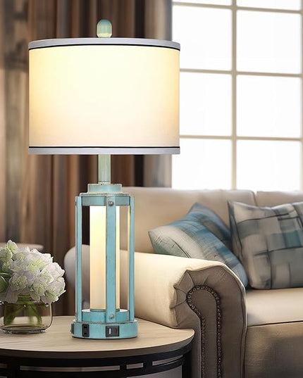 Farmhouse Lamps Set of 2, 26" Vintage Rustic Industrial Beside Lamps with USB A+C Charging Ports & AC Outlet, Nightstand Metal Lamp with LED Night Light & Fabric Shade for Living Room Bedrooms Blue - LeafyLoom