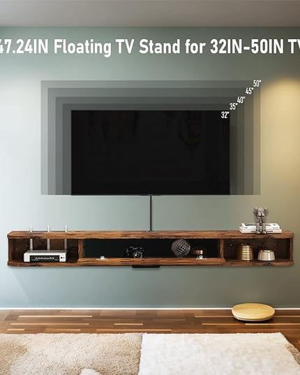 Floating TV Unit, 47'' Wall Mounted TV Cabinet, Floating Shelves with Door, Modern Entertainment Media Console Center Large Storage TV Bench for Living Room & Office (47.24IN, Rustic Brown) - LeafyLoom