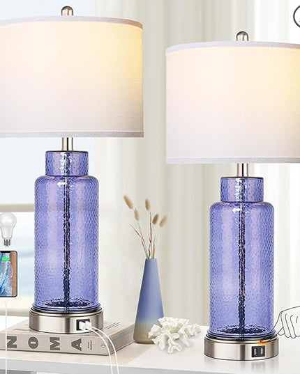 QiMH Table Lamps for Bedrooms Set of 2, Blue Glass Beside Lamps for Living Room with Touch Control USB Ports, 26" Large Modern Coastal Nightstand Lamp White Shade Home Decor(LED Bulbs Included) - LeafyLoom