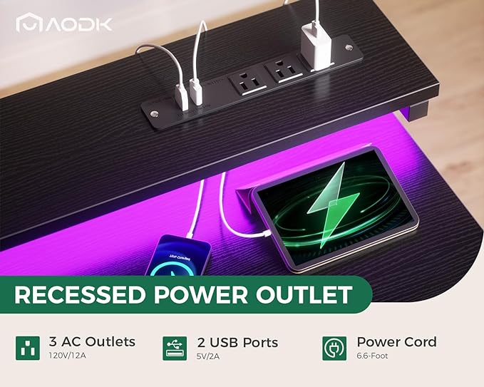 AODK Gaming Desk with LED Lights & Power Outlet, 55 Inch Computer Desk with Drawer, Reversible Desk with Adjustable Monitor Shelf & Headphone Hook for Home Office, Black - LeafyLoom