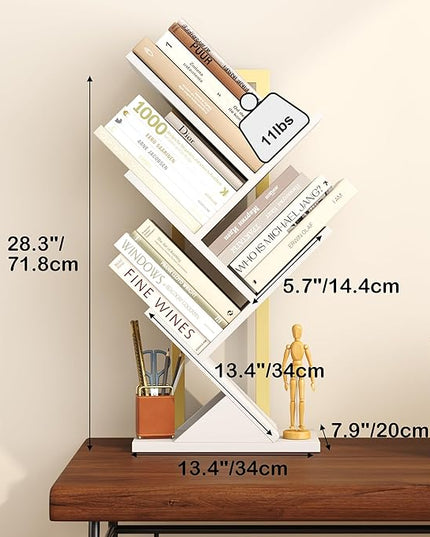 Yusong Tree Bookshelf, 5-Tier Small Bookcase with Metal Frame, Geometric Floor Standing Books Shelves Wooden Shelf for Office Desk Bedroom Tabletop Living Room White - LeafyLoom