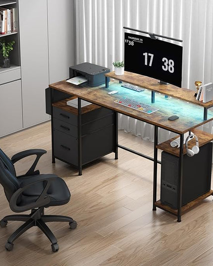 Lufeiya Computer Desk with Fabric File Drawers Cabinet, 55 Inch Home Office Desk with Shelves Monitor Stand, Study Writing Gaming Desks with Led Light Power Outlets for Bedroom, Rustic Brown - LeafyLoom