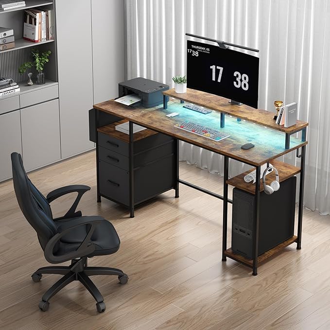 Lufeiya Computer Desk with Fabric File Drawers Cabinet, 55 Inch Home Office Desk with Shelves Monitor Stand, Study Writing Gaming Desks with Led Light Power Outlets for Bedroom, Rustic Brown - LeafyLoom