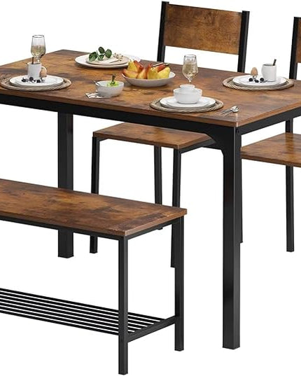 SDHYL Dining Table Set,Two Chairs and One Bench 4 Pieces Set Wooden Table Top with Metal Legs for Breakfast in Living Room, Kitchen Room, Dining Room,Space Saving Kitchen Table Set,Rustic Brown - LeafyLoom