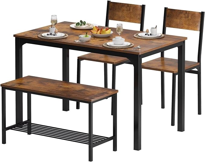 SDHYL Dining Table Set,Two Chairs and One Bench 4 Pieces Set Wooden Table Top with Metal Legs for Breakfast in Living Room, Kitchen Room, Dining Room,Space Saving Kitchen Table Set,Rustic Brown - LeafyLoom