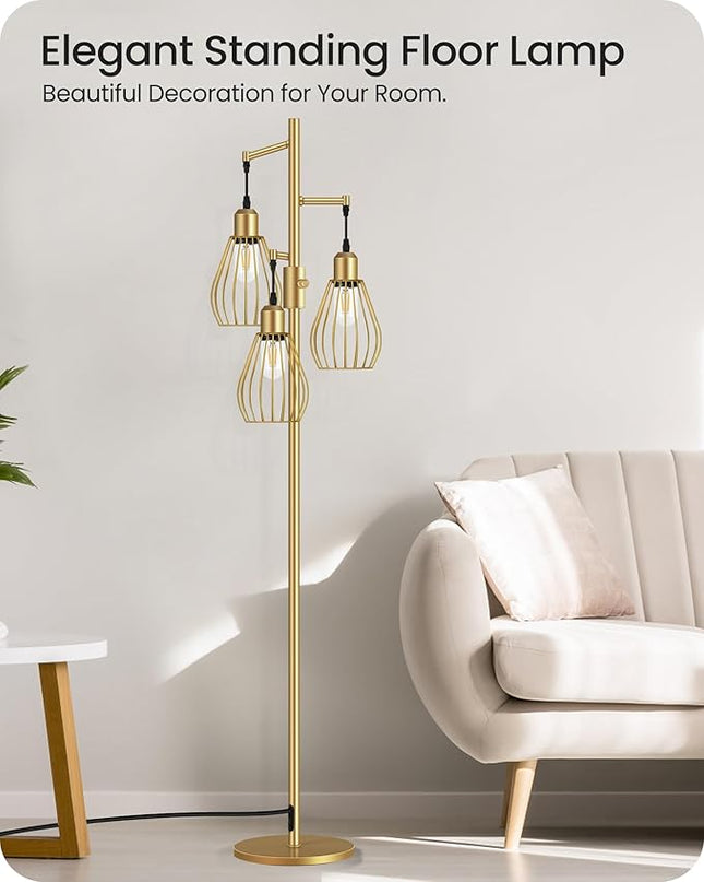Farmhouse Dimmable Floor Lamp, Industrial Tall Standing Tree Lamp with 3 Elegant Teardrop Cage Heads, 4W 3 LED Bulbs Included, Rustic Standing Lamp for Living Room, Bedroom, Gold D02LD05 - LeafyLoom