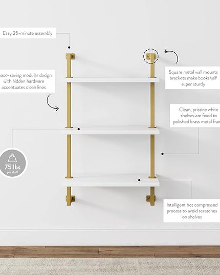 Nathan James Theo 3-Shelf Small Bookcase, Floating Wall Mount Bookshelf with Wood and Industrial Pipe/Metal Frame, White/Brass Gold - LeafyLoom