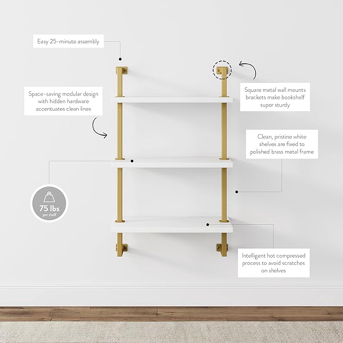 Nathan James Theo 3-Shelf Small Bookcase, Floating Wall Mount Bookshelf with Wood and Industrial Pipe/Metal Frame, White/Brass Gold - LeafyLoom