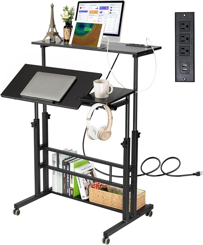 Hadulcet Stand Up Desk, Rolling Desk Adjustable Height, Mobile Standing Desk with Wheels & Charging Station, Portable Desk for Laptop, Rolling Computer Cart TV Tray, Small Standing Desk Drawing Desk - LeafyLoom