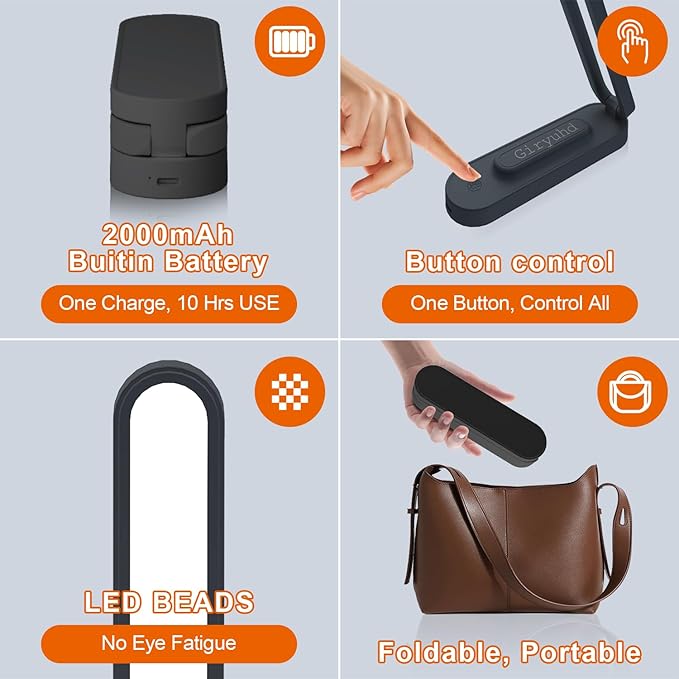LED Desk Lamp for Office Home & Battery Operated Lamp Rechargeable Lamp Foldable & Portable Light, LED Desk Light Strip, 3 Brightness Dimmable Small Desk Lamp Reading Lamp (Black (2PACK)) - LeafyLoom