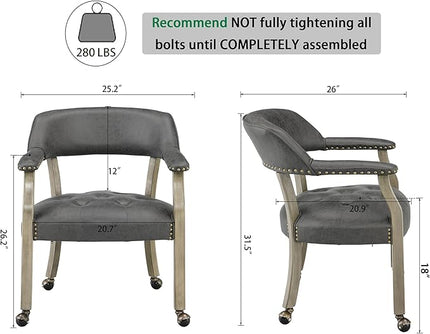 Dining Chairs with Casters and Arms, Large Rolling Dining Chairs with Wheels, Wood Boss Caption's Chairs, 26" D x 25.2" W x 31.5" H, Grey Legs & Dark Grey Fabric SY-1318-GY - LeafyLoom