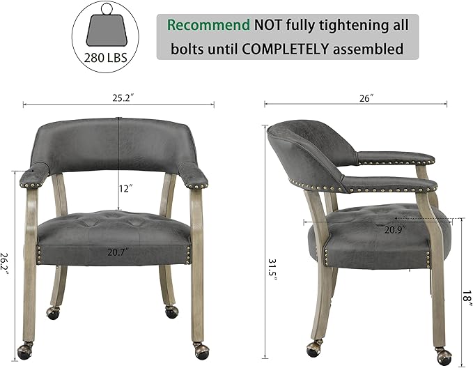Dining Chairs with Casters and Arms, Large Rolling Dining Chairs with Wheels, Wood Boss Caption's Chairs, 26" D x 25.2" W x 31.5" H, Grey Legs & Dark Grey Fabric SY-1318-GY - LeafyLoom