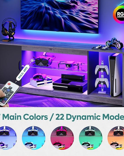 Bestier LED TV Stand for 55/60/65 Inch TV, Gaming Entertainment Center with Cabinet for PS5, Modern TV Cabinet with Adjustable Glass Shelves for Living Room, Bedroom 58 Inch, Grey Wash - LeafyLoom