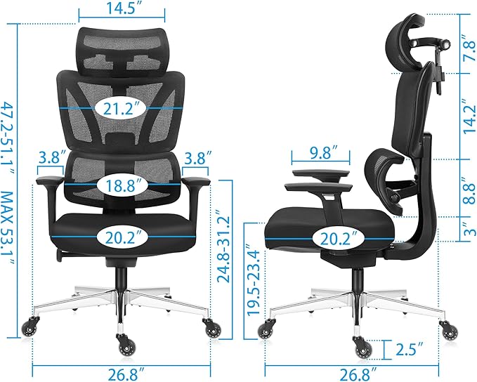 C19 Ergonomic Mesh Office Chair with Adjustable Height Lumbar Support，3D Armrest & Headrest，Tilt Function，Blade Wheel for High Back Desk Chair，Swivel Big and Tall Computer Chair (Black) - LeafyLoom