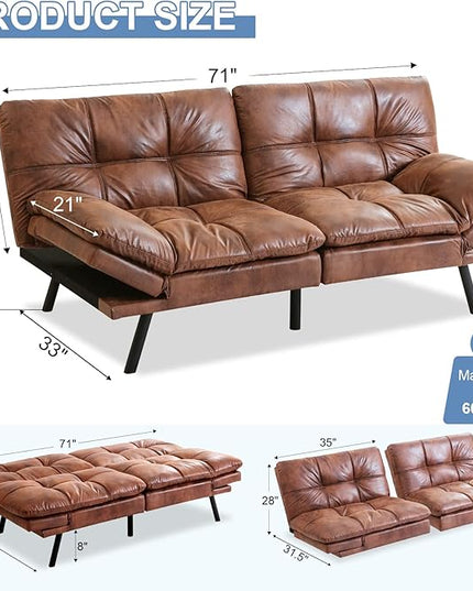 MUUEGM Futon Sofa Bed Memory Foam Convertible Sleeper Couch,Modern Faux Leather Folding Love seat for Living Room,Compact Space,Apartment,Office,Dorm,71" Dx33 Wx31.5 H, Brown - LeafyLoom