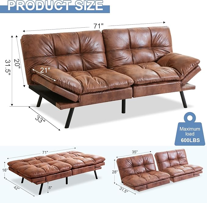 MUUEGM Futon Sofa Bed Memory Foam Convertible Sleeper Couch,Modern Faux Leather Folding Love seat for Living Room,Compact Space,Apartment,Office,Dorm,71" Dx33 Wx31.5 H, Brown - LeafyLoom
