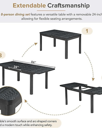 NicBex Dining Table Kitchen & Dining Room Tables Rustic Extendable 84Inch Dining Table Set with 24Inch Removable Leaf, 6 Upholstered Armless Dining Chairs and 2 Padded Chairs, Black+ Gray - LeafyLoom