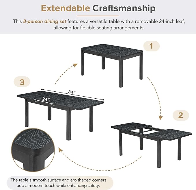 NicBex Dining Table Kitchen & Dining Room Tables Rustic Extendable 84Inch Dining Table Set with 24Inch Removable Leaf, 6 Upholstered Armless Dining Chairs and 2 Padded Chairs, Black+ Gray - LeafyLoom
