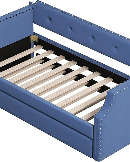 Twin Size Upholstered Trundle, Daybed Frame Sofa Bed for Bedroom Living Room Guestroom, Wood Slat Support, Space Saving Design, Blue - LeafyLoom