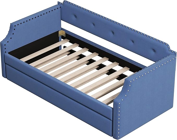 Twin Size Upholstered Trundle, Daybed Frame Sofa Bed for Bedroom Living Room Guestroom, Wood Slat Support, Space Saving Design, Blue - LeafyLoom