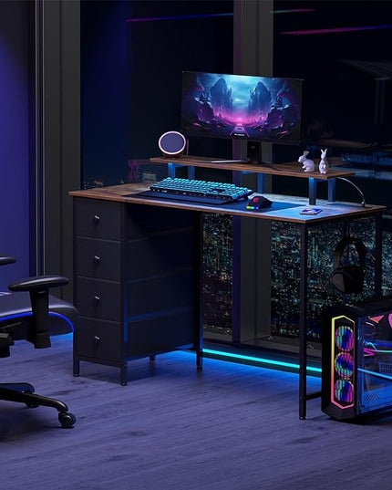 Computer Desk with LED Light & Power Outlets, 55 Inch Gaming Desk with 4 Fabric Drawers, Office Desk with Monitor Stand, Work Writing Desk with Hooks for Home Office, Bedroom, Brown, HGD14BR - LeafyLoom
