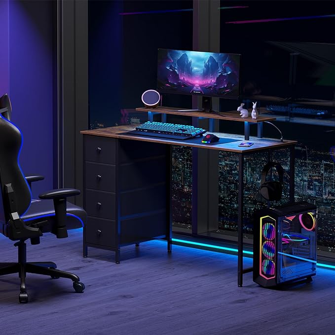 Computer Desk with LED Light & Power Outlets, 55 Inch Gaming Desk with 4 Fabric Drawers, Office Desk with Monitor Stand, Work Writing Desk with Hooks for Home Office, Bedroom, Brown, HGD14BR - LeafyLoom