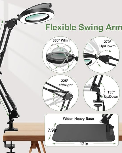Magnifying Glass with Light, 3-in-1 Magnifying Desk Lamp 10X LED Magnifying Lamp with Heavy Base & Clamp, 5 Color Modes Stepless Dimmable, Magnifier Light for Soldering Craft Workbench - LeafyLoom