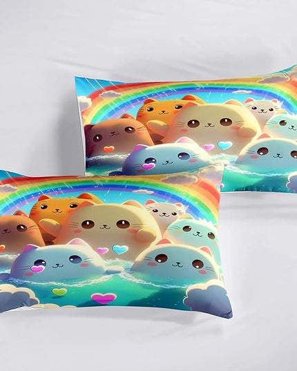 Queen Cat Comforter Set, Girls Kawaii Cat Bedding Sets, 1 Comforter+2 Pillowcases, Microfiber, Printed, Modern Style, 3 Pieces - LeafyLoom