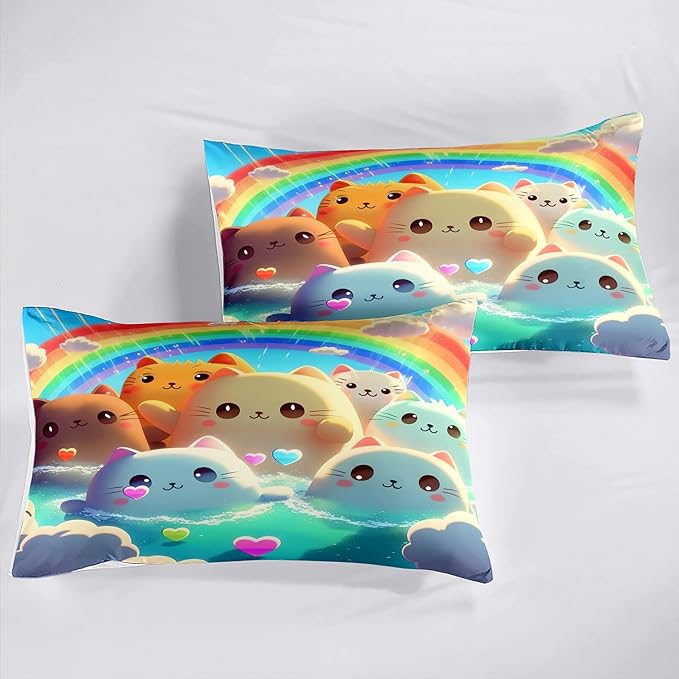 Queen Cat Comforter Set, Girls Kawaii Cat Bedding Sets, 1 Comforter+2 Pillowcases, Microfiber, Printed, Modern Style, 3 Pieces - LeafyLoom