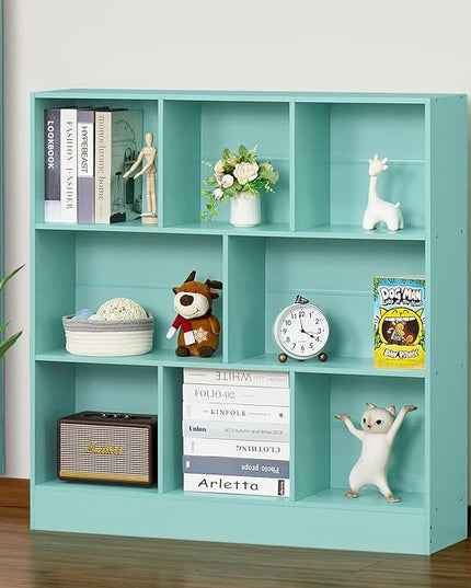 LEYAOYAO 8 Cube Bookshelf with Base,3 Tier Modern Mint-Green Kids Bookcase,Standing Wide Bookshelves Storage Organizer Toy Shelf,Wood Display Children's Book Shelves for Bedroom,Living Room,Nursery - LeafyLoom