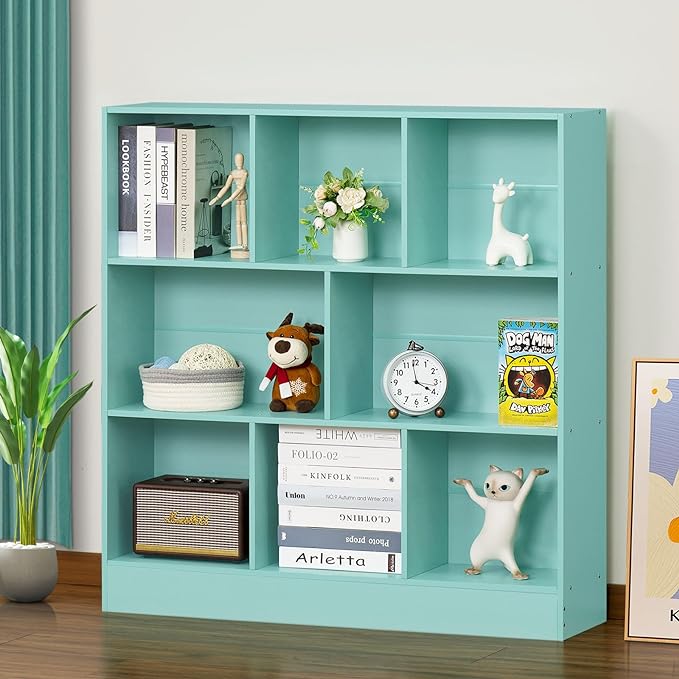 LEYAOYAO 8 Cube Bookshelf with Base,3 Tier Modern Mint-Green Kids Bookcase,Standing Wide Bookshelves Storage Organizer Toy Shelf,Wood Display Children's Book Shelves for Bedroom,Living Room,Nursery - LeafyLoom