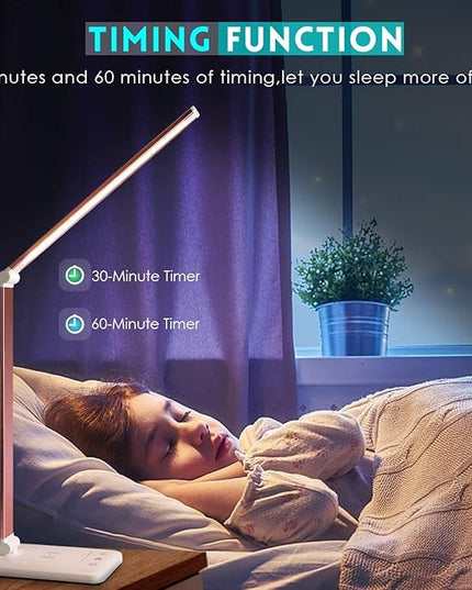 LED Desk Lamp Dimmable Table Lamp Reading Lamp with USB Charging Port, 5 Lighting Modes, Sensitive Control, 30/60 Minutes Auto-Off Timer, Eye-Caring Office Lamp (Pink) - LeafyLoom