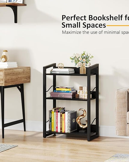 Book Shelf Small Bookshelf - 3-Tier Wood Bookcase Industrial Bookshelf Metal Narrow Bookshelves Storage Organizer Display Rack for Bedroom Living Room Home Office (Black) - LeafyLoom