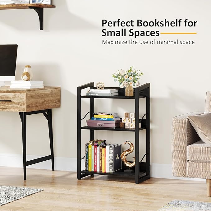 Book Shelf Small Bookshelf - 3-Tier Wood Bookcase Industrial Bookshelf Metal Narrow Bookshelves Storage Organizer Display Rack for Bedroom Living Room Home Office (Black) - LeafyLoom