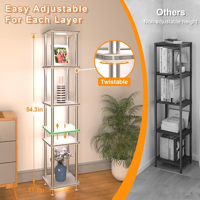 Kekeou RGBCW Floor Lamp with Shelves Tall Lamp Music Sync APP Control Standing Lamp with Wireless Charger & USB Port Color Changing Lamp with Shelves Work with Alexa White 5 Tier - LeafyLoom