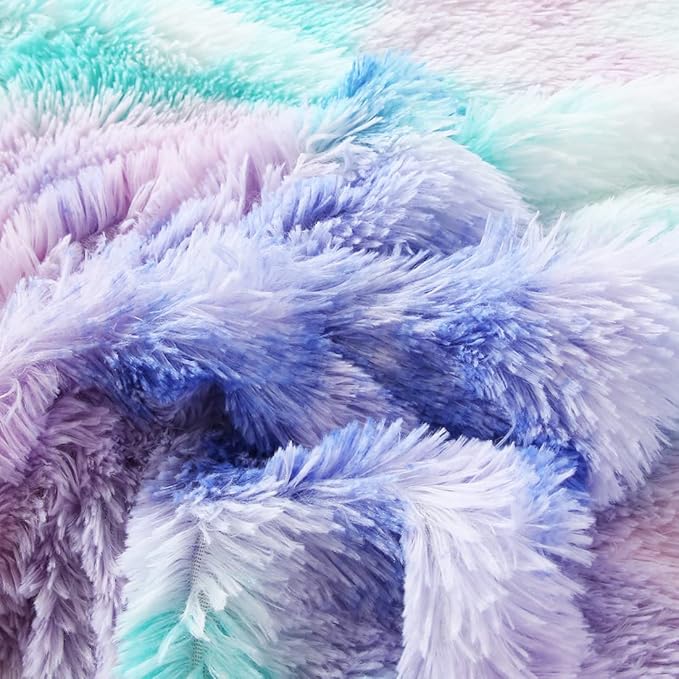 WINLIFE Shaggy Bedding Comforter Set Faux Fur Flannel Furry Comforter Microfiber Plush Comforter Sets Pastel Gradient Ombre Tie Dye MultiColor Bedding for Girls Adults (3Pcs, Full, Teal Purple) - LeafyLoom