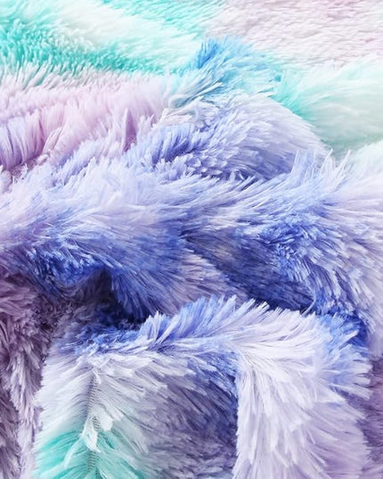 WINLIFE Shaggy Bedding Comforter Set Faux Fur Flannel Furry Comforter Plush Comforter Sets Pastel Gradient Ombre Tie Dye Purple Blue Teal Bedding for Girls Adults (3Pcs, Twin, Teal Purple) - LeafyLoom