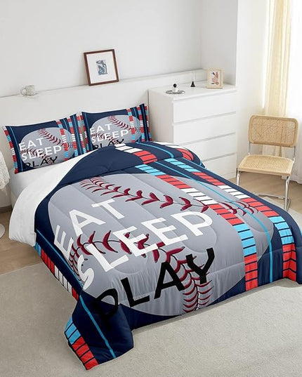 Baseball Comforter Set Sports Game Bedding Set for Boys Girls Baseball Gaming Blue Stripe Comforter Gift for Baseball Softball Lover Room Decor Full Size Quilt Boys - LeafyLoom