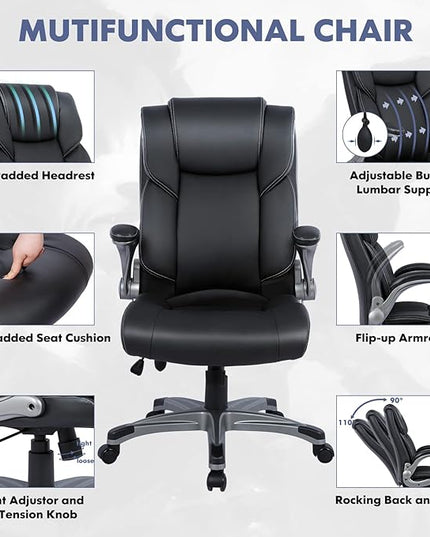 COLAMY High Back Executive Office Chair- Ergonomic Home Computer Desk Leather Chair with Padded Flip-up Arms, Adjustable Tilt Lock, Swivel Rolling Chair for Adult Working Study-Black - LeafyLoom