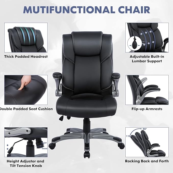 COLAMY High Back Executive Office Chair- Ergonomic Home Computer Desk Leather Chair with Padded Flip-up Arms, Adjustable Tilt Lock, Swivel Rolling Chair for Adult Working Study-Black - LeafyLoom